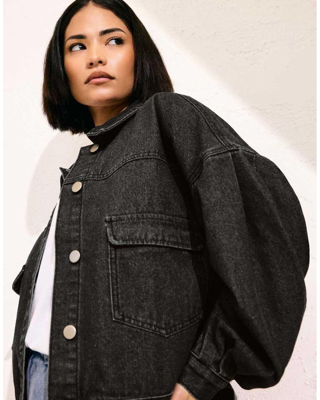 PixieGirl Black Petite Denim Balloon Sleeve Jacket