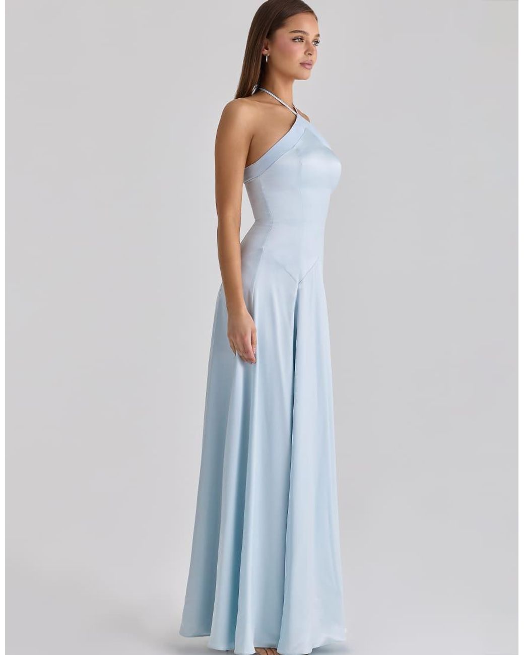 House Of Cb Blue Avelina Satin Halter Neck Godet Maxi Dress