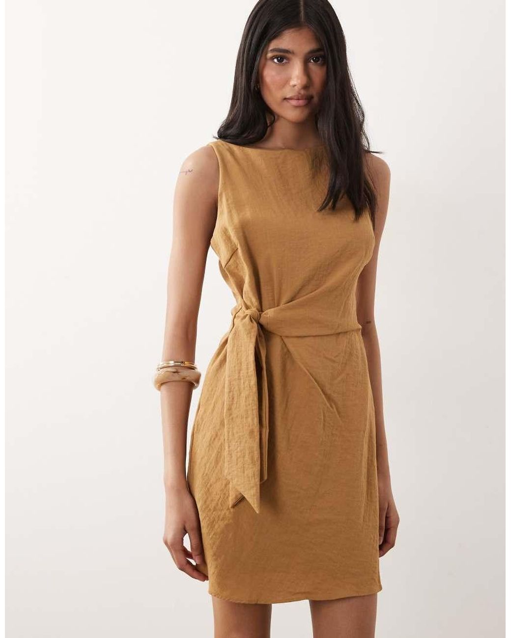 Mango Natural Boat Neck Belted Sleeveless Mini Dress