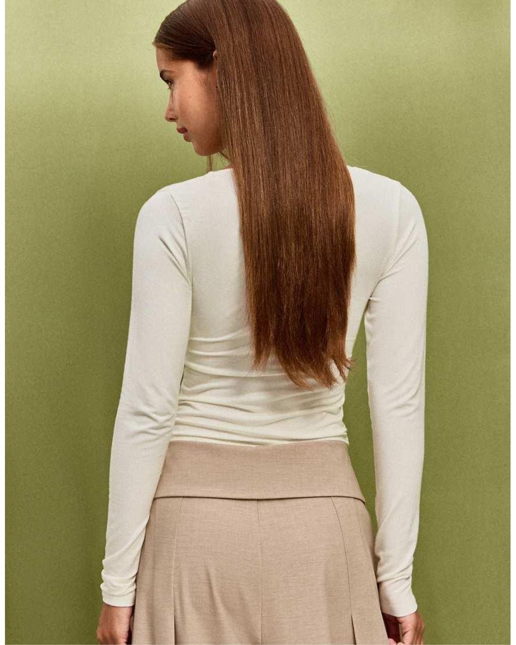 Stradivarius Green Long Sleeve V-neck Lace Top