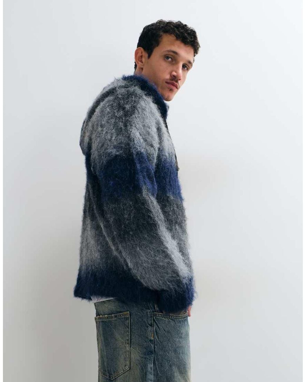 The Ragged Priest Blue Zip Through Fuzzy Gradient Hoodie Knit for men