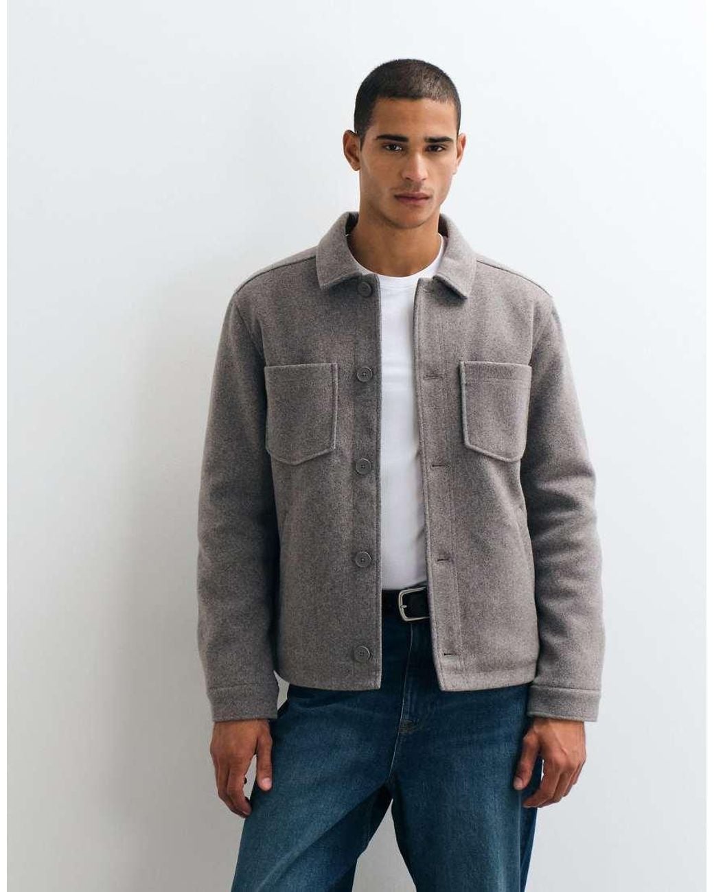 Threadbare Gray Faux Wool Collared Jacket With Patch Pockets for men