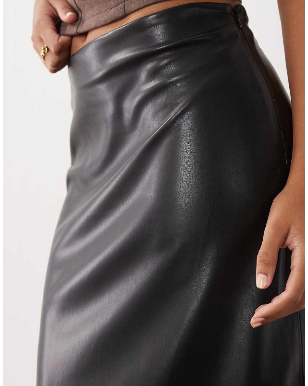 Mango Black Faux Soft Leather Midi Skirt With Lace Trim