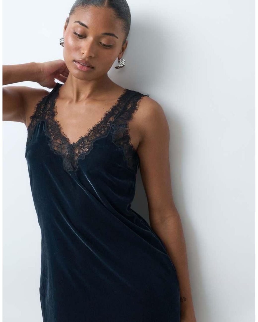 Abercrombie & Fitch Blue V Neck Lace Trim Midi Dress