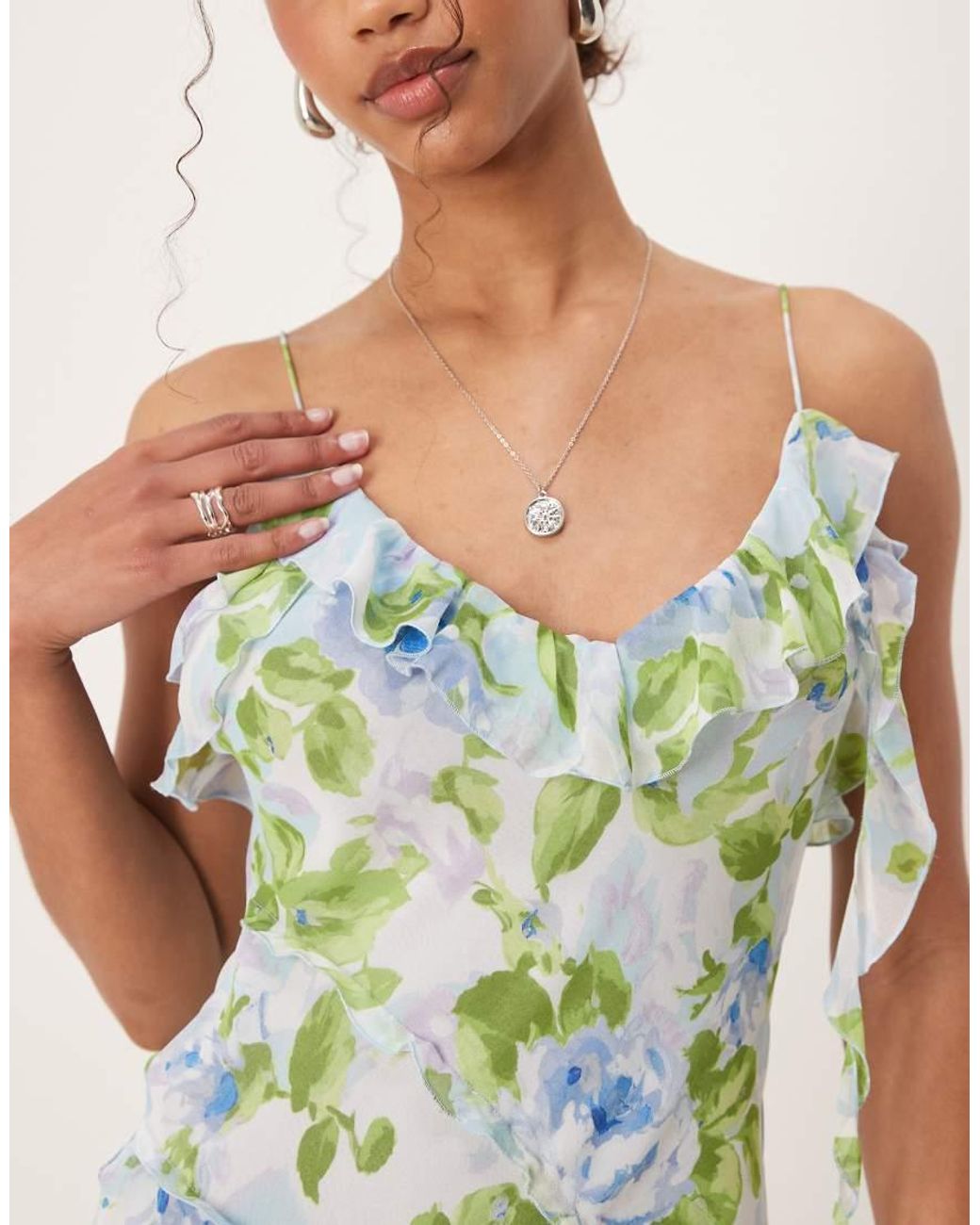 Mango White V-Neck Ruffle Botanical Printed Dress With Side Split