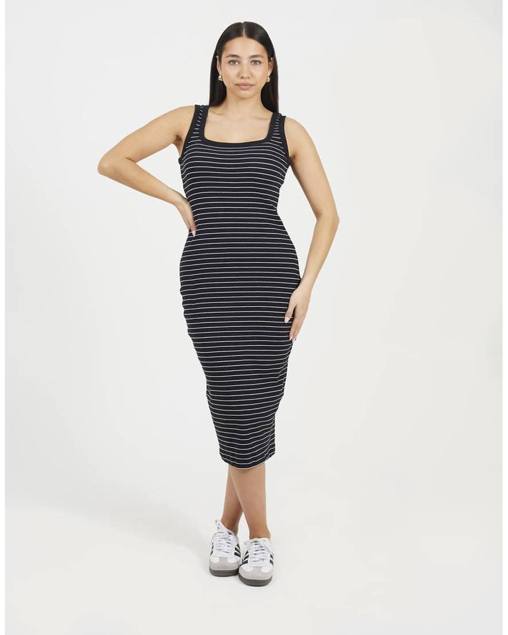 Brave Soul Blue Cotton Jersey Scoop Neck Stripe Bodycon Midi Dress