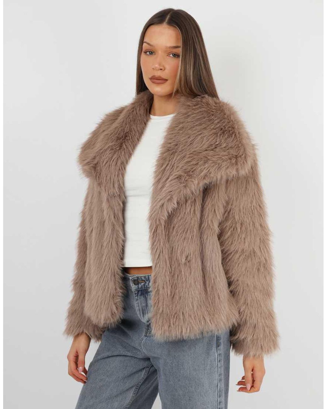 SIMMI Brown Arabella Oversized Collar Faux Fur Coat