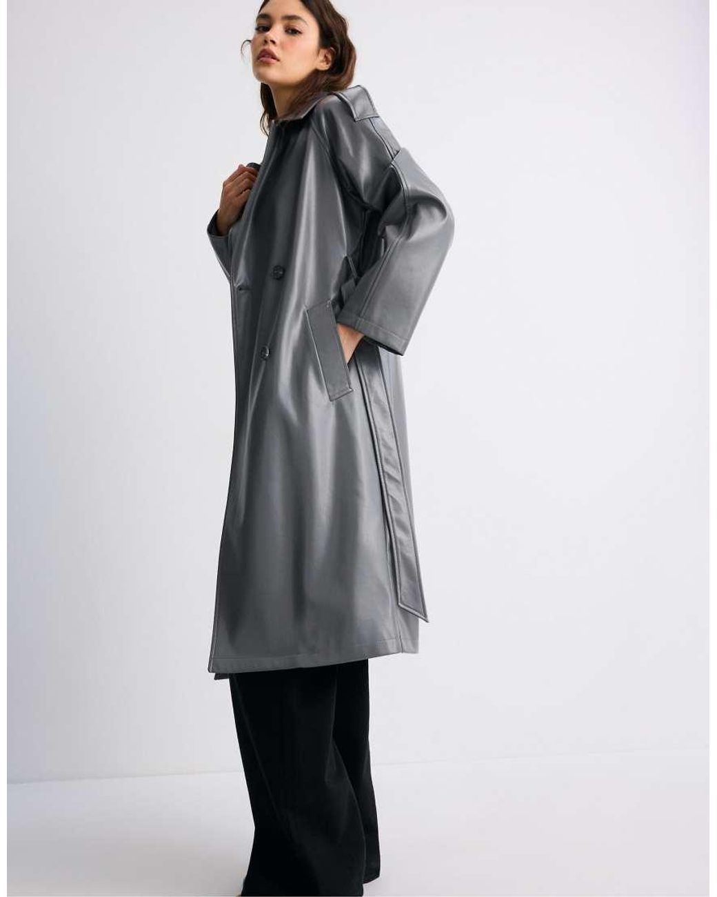 Stradivarius Black Long Leather Effect Trench Coat
