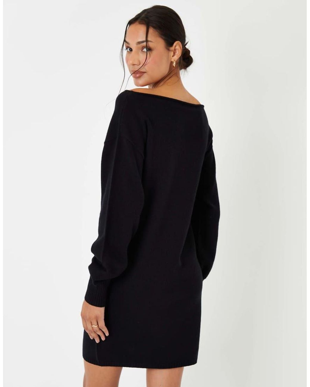 Threadbare Black Petite Slash Neck Mini Jumper Dress