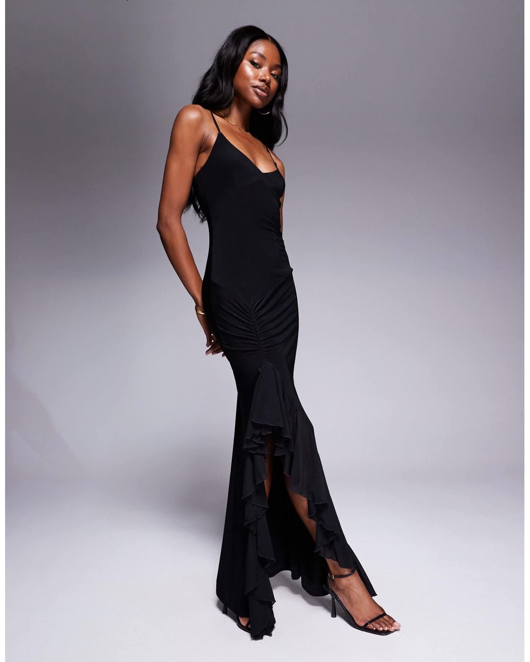 Fashionkilla Double Sculpted Slinky Cami Ruffle Side Split Maxi Dress in  Black | Lyst