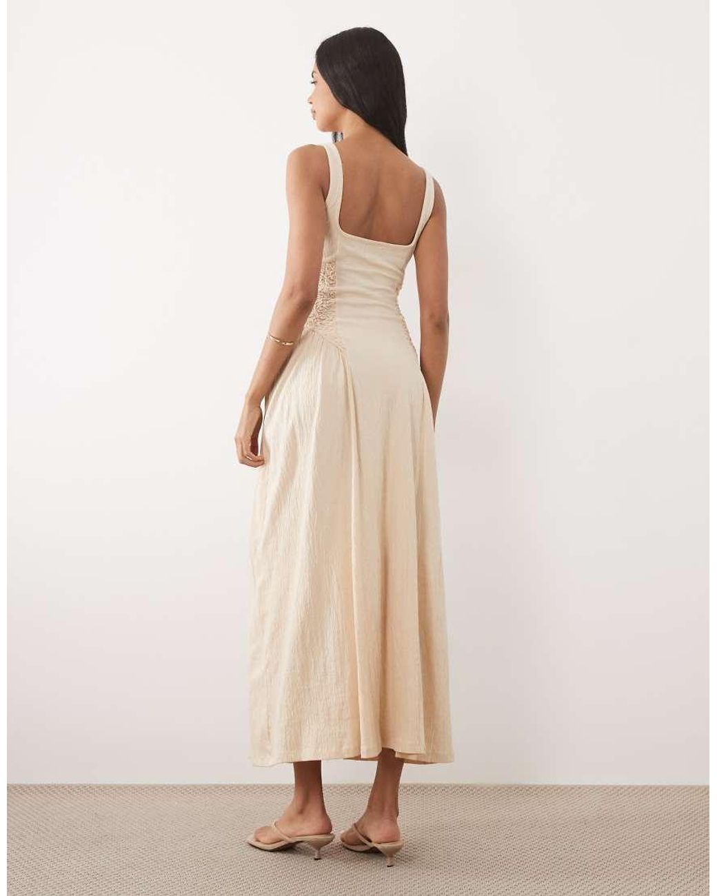 ASOS Natural Crinkle Square Neck Panel Detail Midi Dress