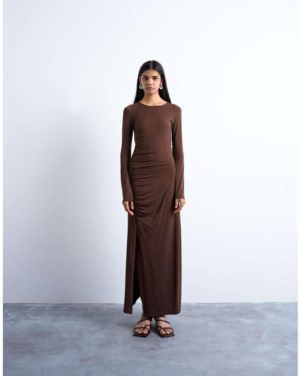 TOPSHOP Brown Long Sleeve Ruched Maxi Dress