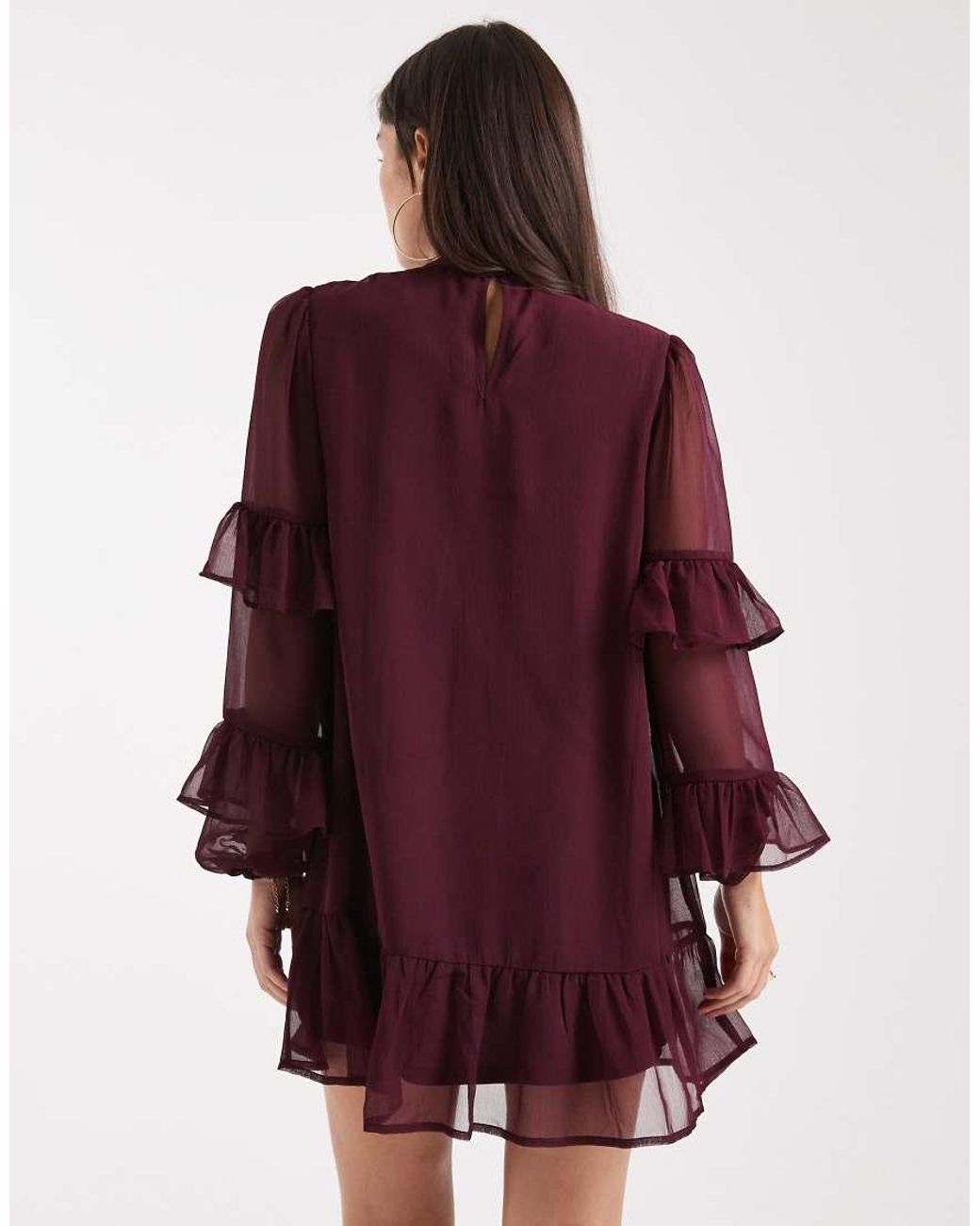 Wednesday's Girl Red Long Sleeve High Neck Ruffle Detailed Mini Dress
