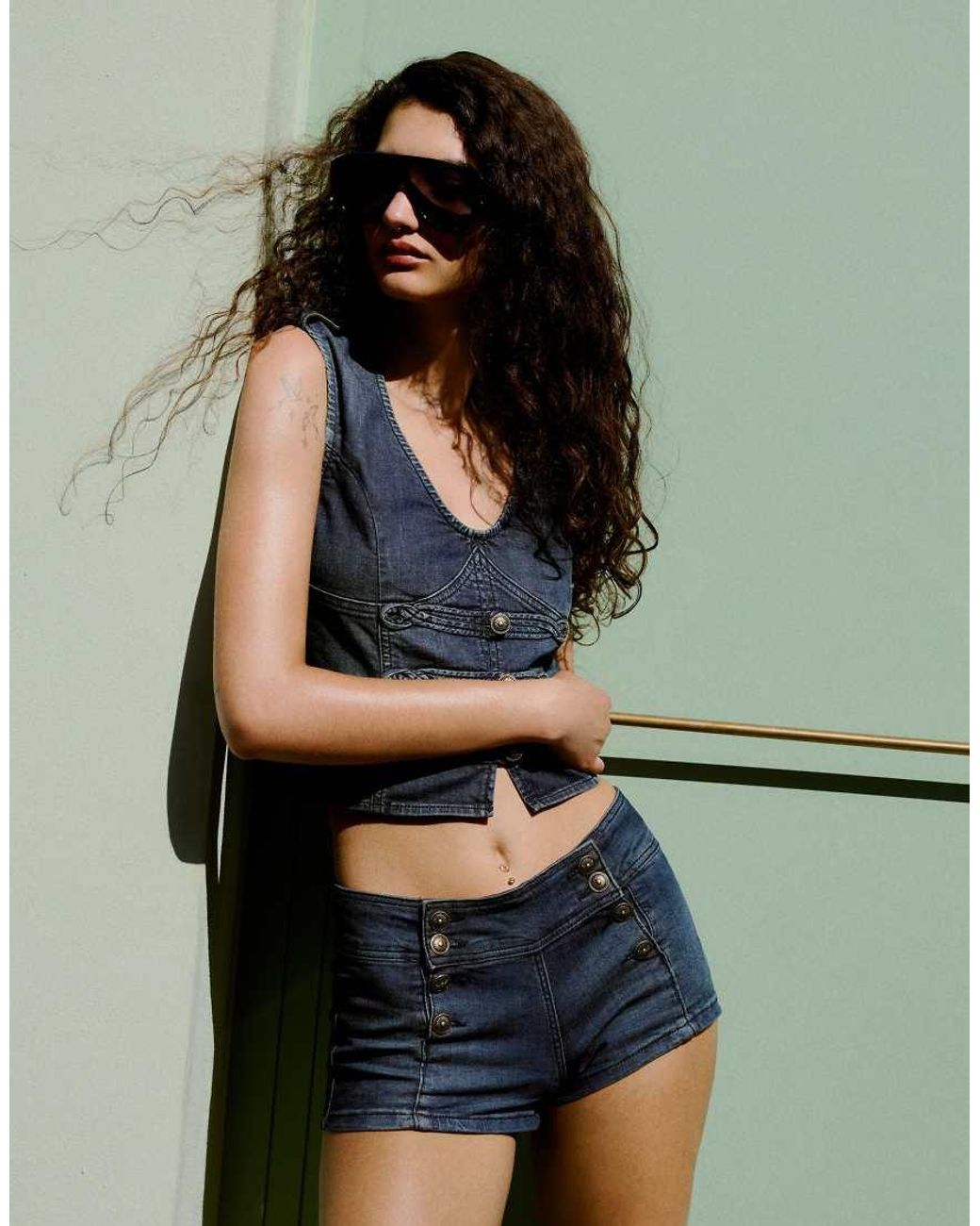 Bershka Green Denim Mini Shorts With Buttons