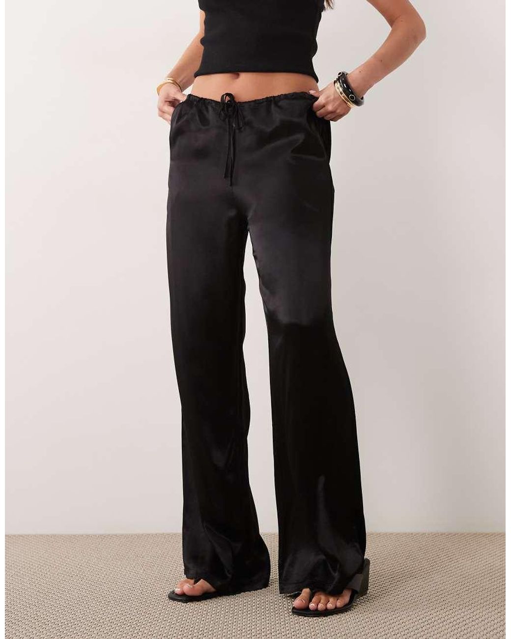 SNDY'S Black Satin Drawstring Wide Leg Trouser