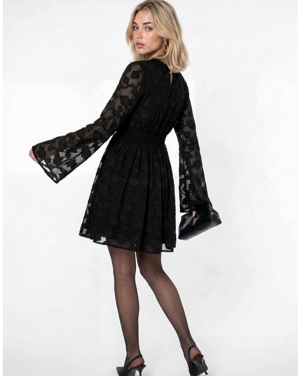 Lovedrobe Black Floral Burnout Lace Detail Long Sleeve Mini Dress