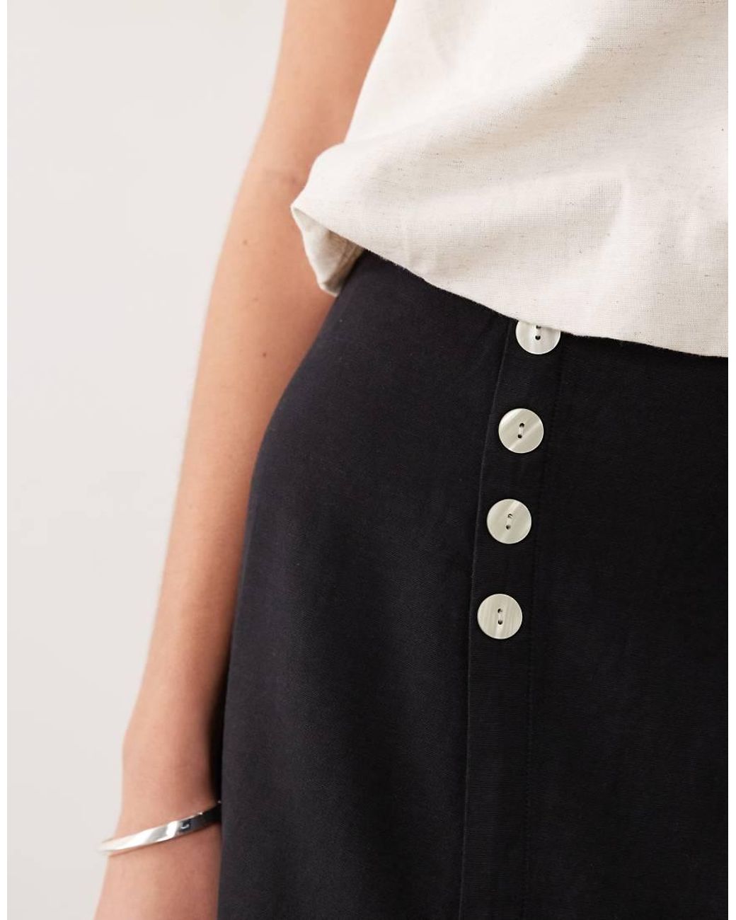 Vila Natural Linen Touch Button Front Midi Skirt