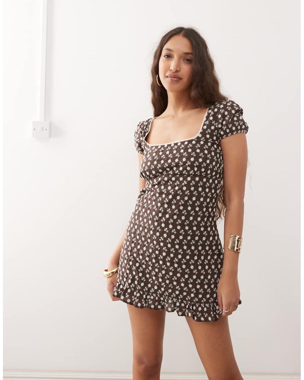 Motel Brown Bella Broderie Scoop Neck Mini Dress