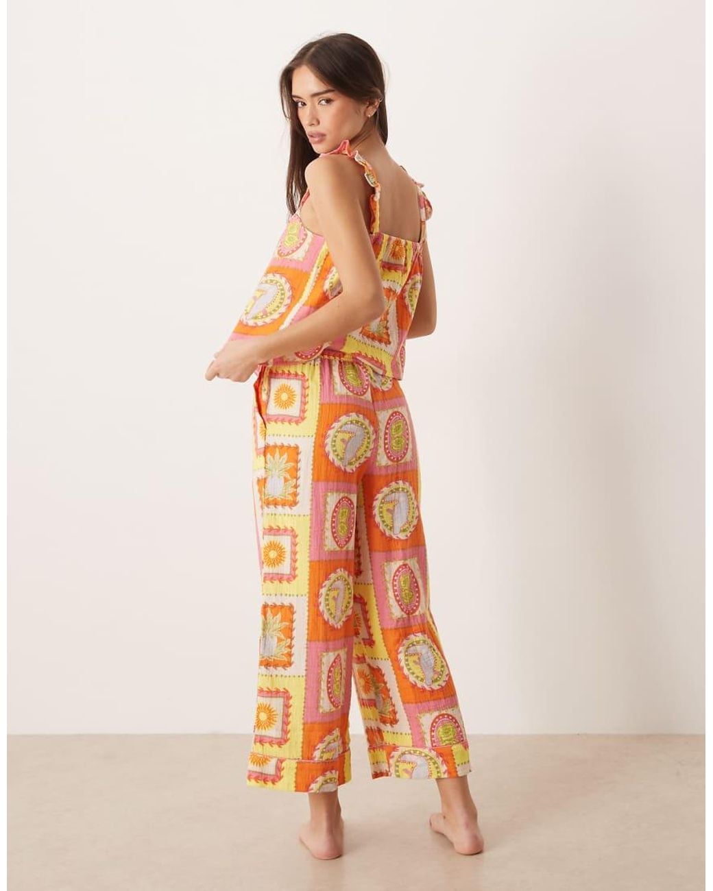 Chelsea Peers Multicolor Tropical Grid Print Cheesecloth Cami Top And Long Pants Sleepwear Set