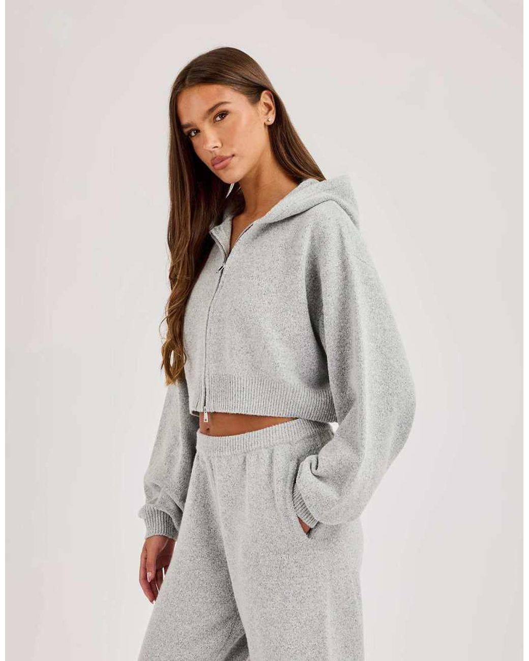 CERNUCCI Gray Knitted Logo Cropped Zip Hoodie