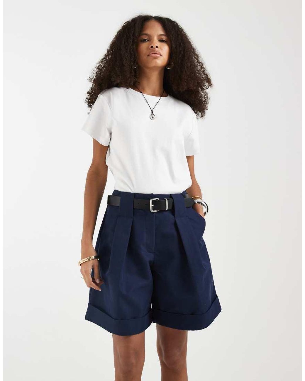 ASOS Blue Tailored Belted Turn Up Shorts