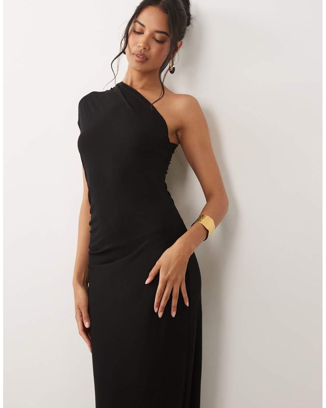 ASOS Black One Shoulder Ruched Side Maxi Dress