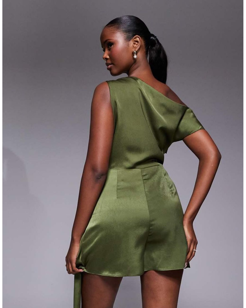 ASOS Green Satin Scarf Detail Fallen Shoulder Playsuit