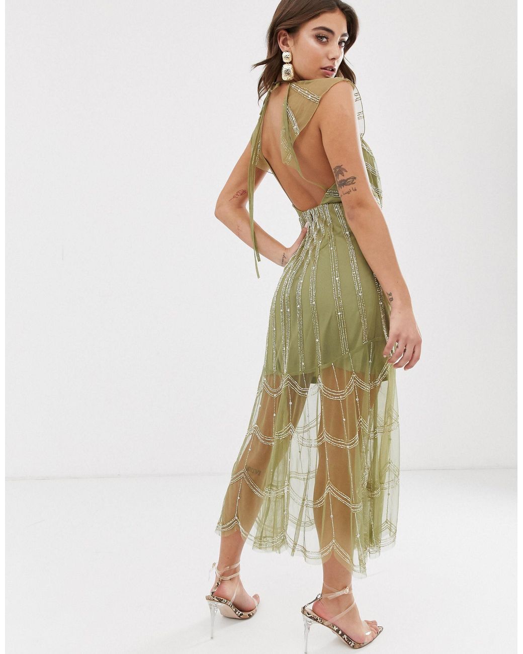 ASOS Midi Dress With Plunge Bodice And Linear Vintage Beading | Lyst