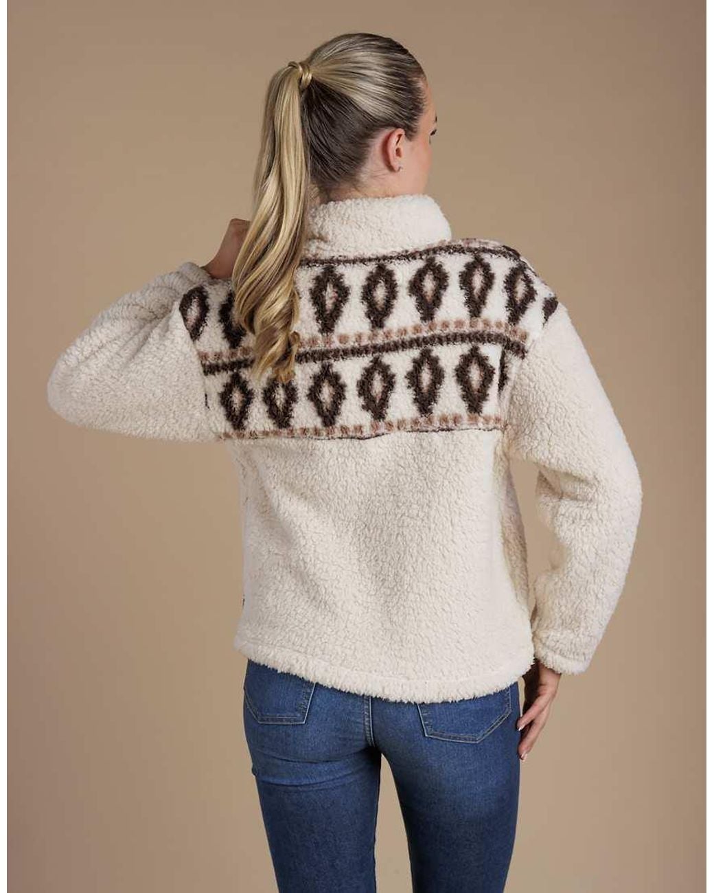 French Connection Natural Fairisle Borg High Neck 1/2 Zip Fleece Pullover