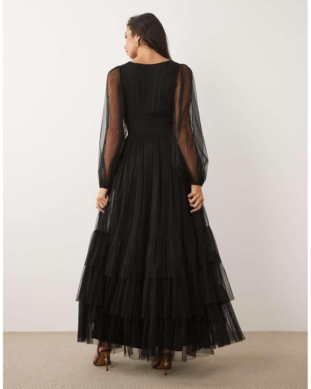 LACE & BEADS Black Bridesmaid Tulle Sheer Sleeve Plunge Neck Tiered Maxi Dress