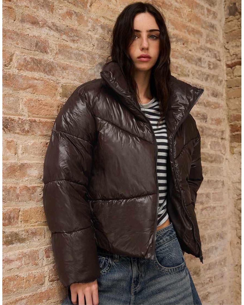 Stradivarius Brown Cropped High Neck Padded Jacket
