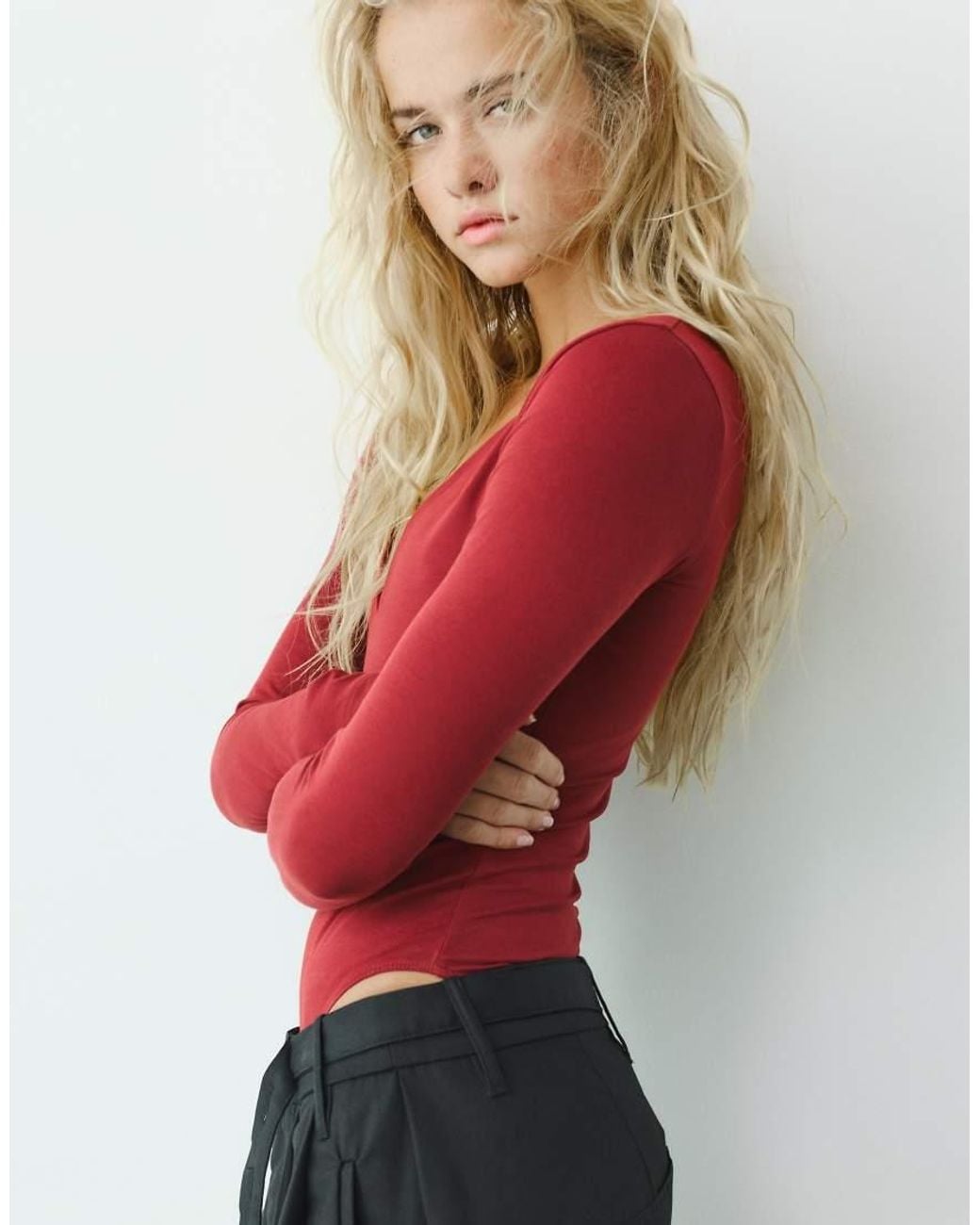 Pull&Bear Red V-Neck Bodysuit