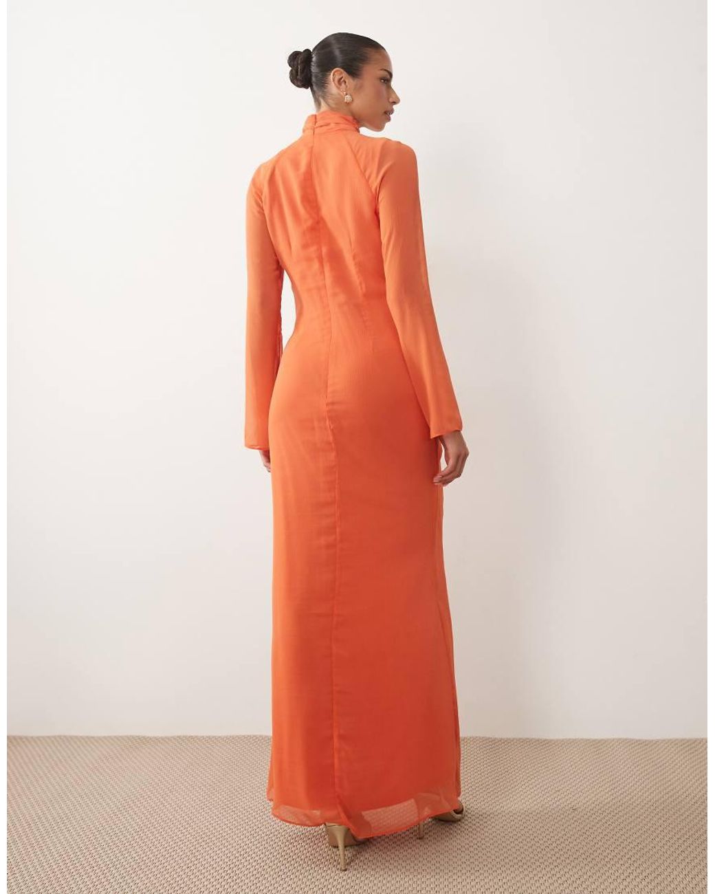 DASKA Orange Ruched Long Sleeve Maxi Dress With Gold Buckle Detail