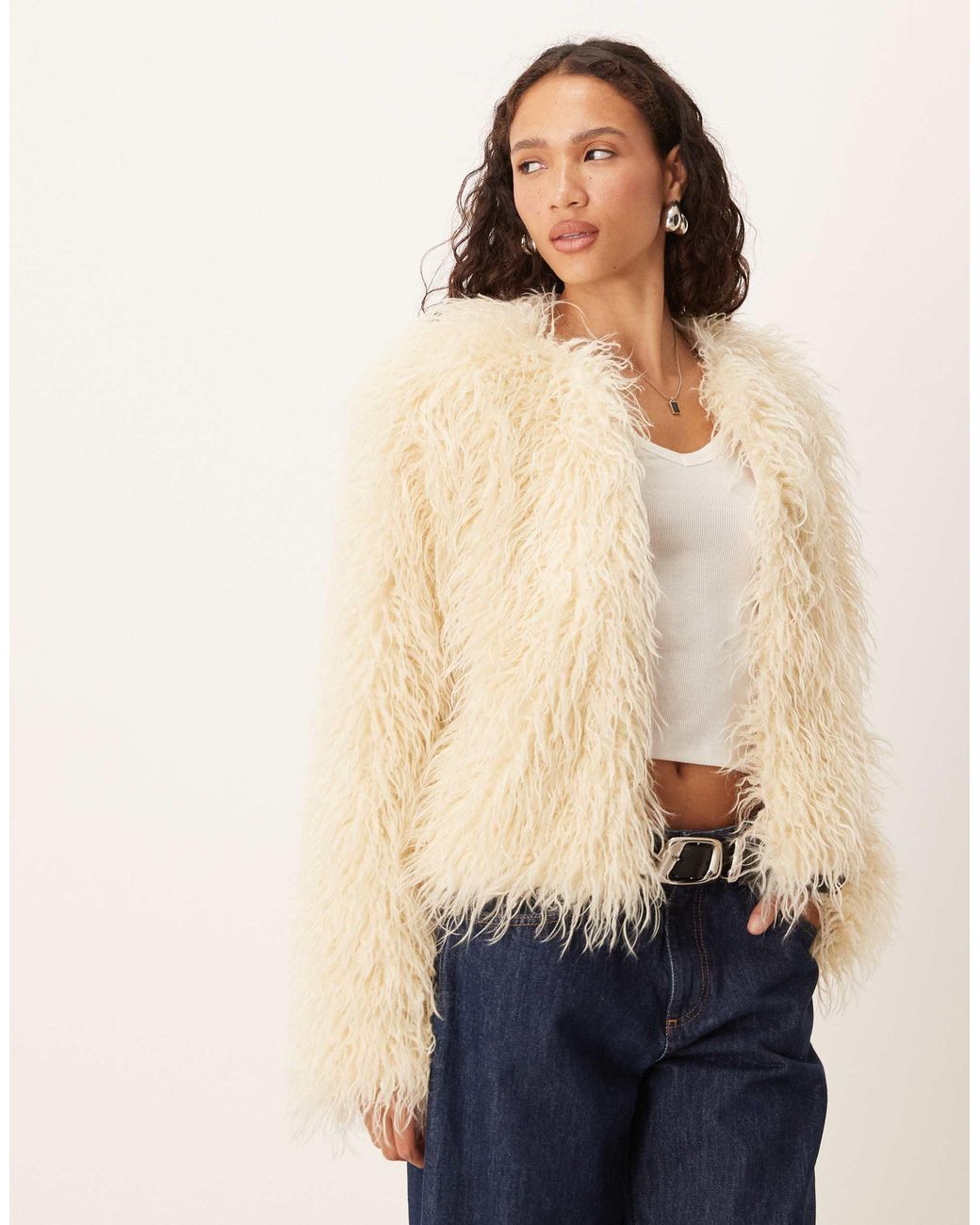 Brave Soul Natural Collarless Short Mongolian Faux Fur Jacket