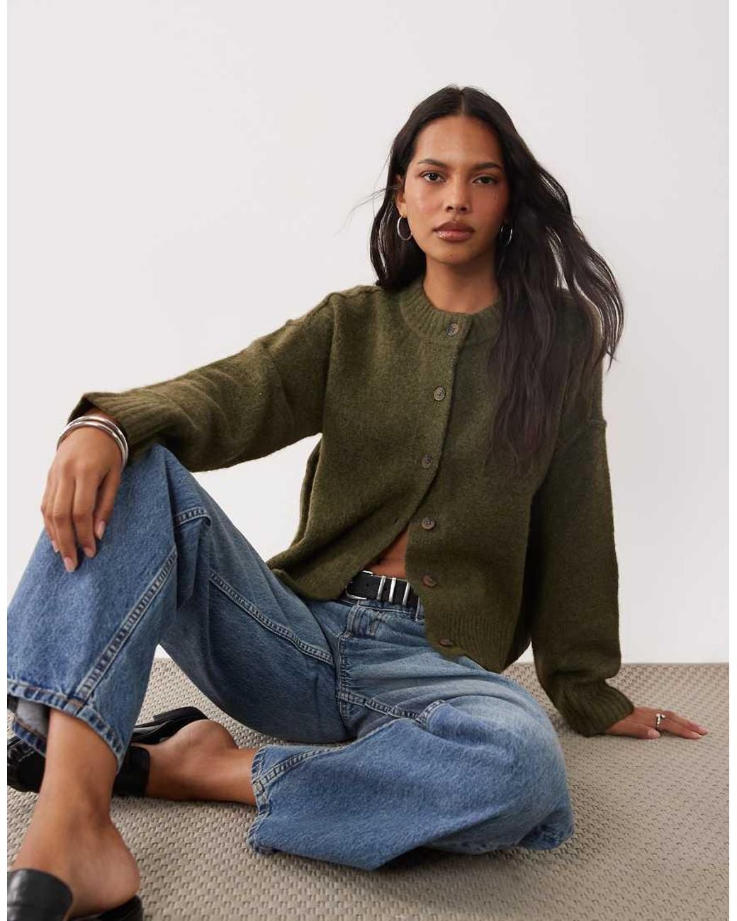 Brave Soul Green Crew Neck Cardigan With Exposed Seam Detail