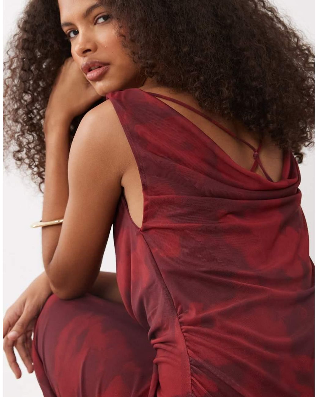 Mango Red Cowl Neck Mesh Maxi Dress