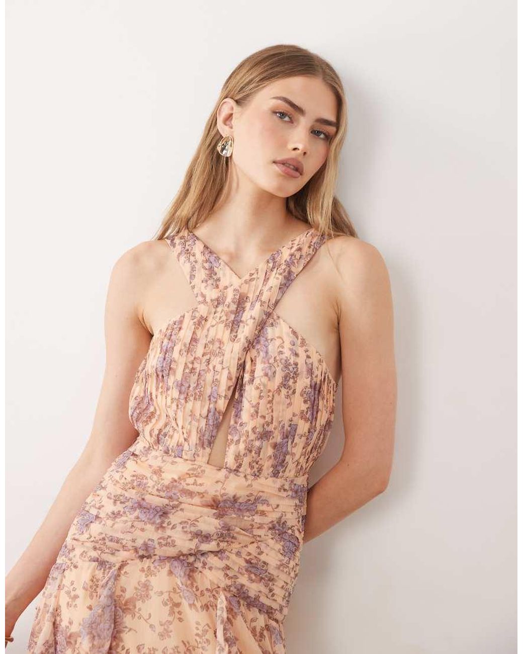 Pretty Lavish Pink Brielle Cross Over Ruched Ruffle Maxi Dress