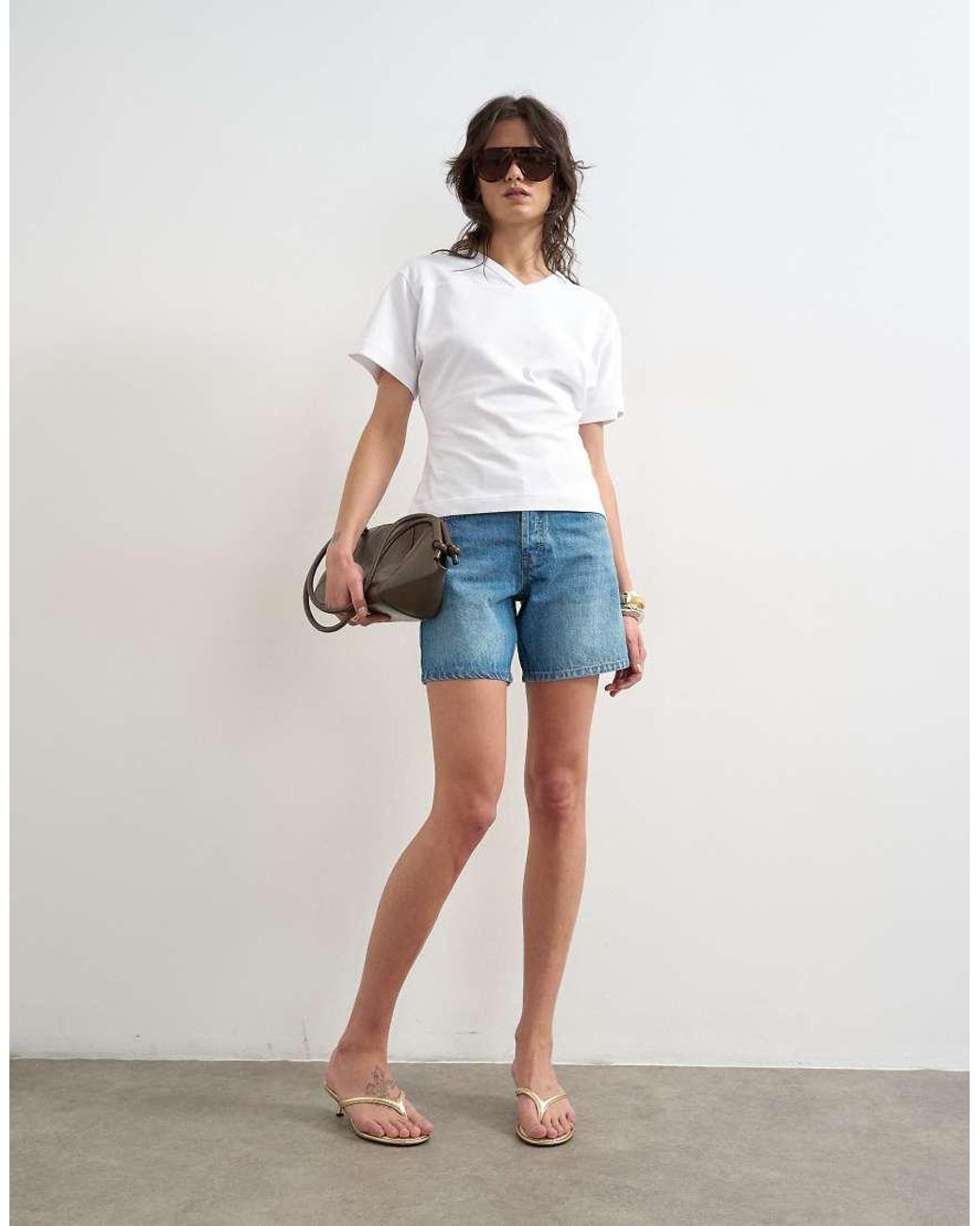 TOPSHOP White V-neck Cinch Tee