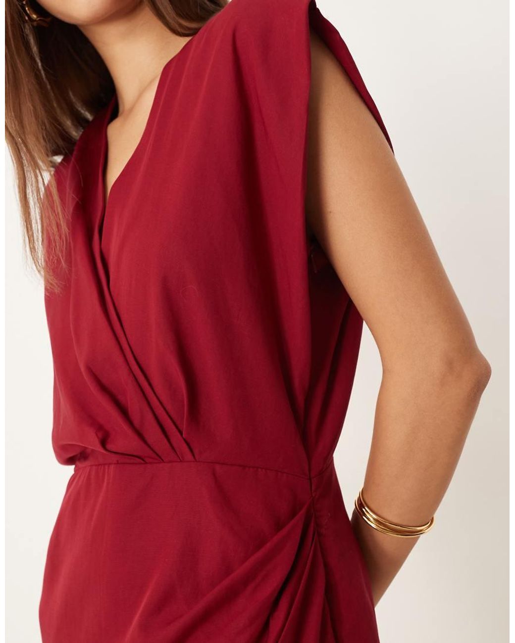 Mango Red V Neck Draped Sleeveless Mini Dress