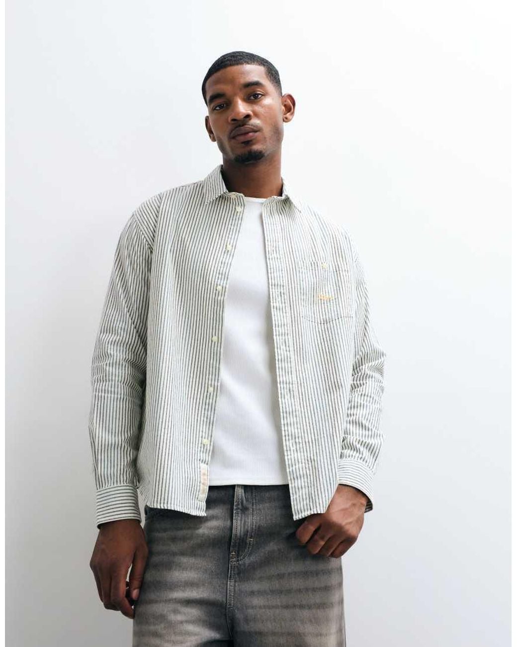 BLKVIS White Script Logo Heavy Weight Long Sleeve Stripe Shirt for men