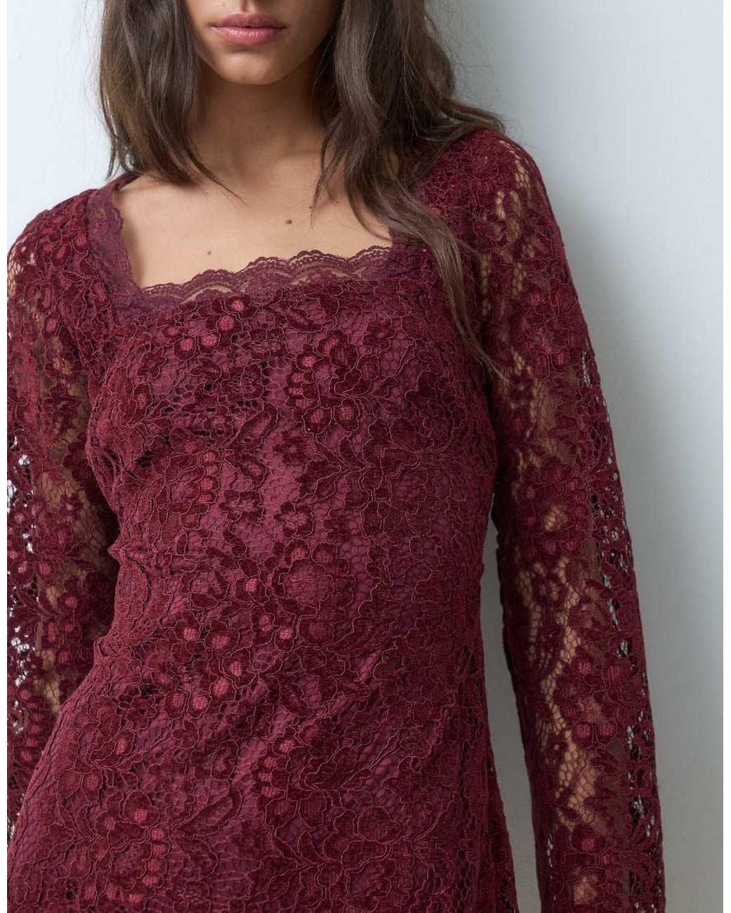 New Look Red Square Neck Long Sleeved Lace Mini Dress