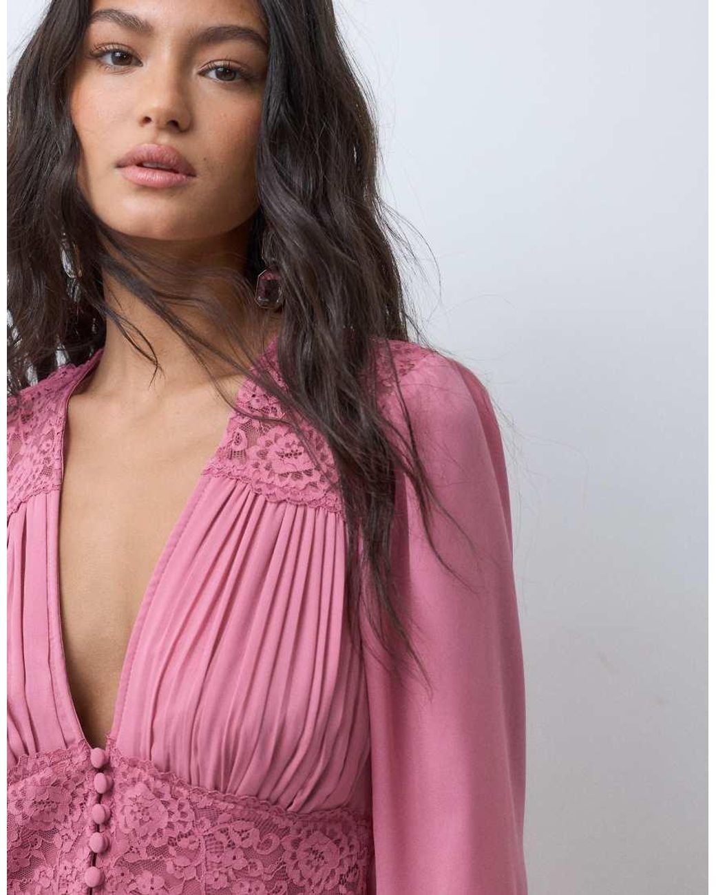 Abercrombie & Fitch Pink Long Sleeve V Neck Mini Dress With Lace Panel