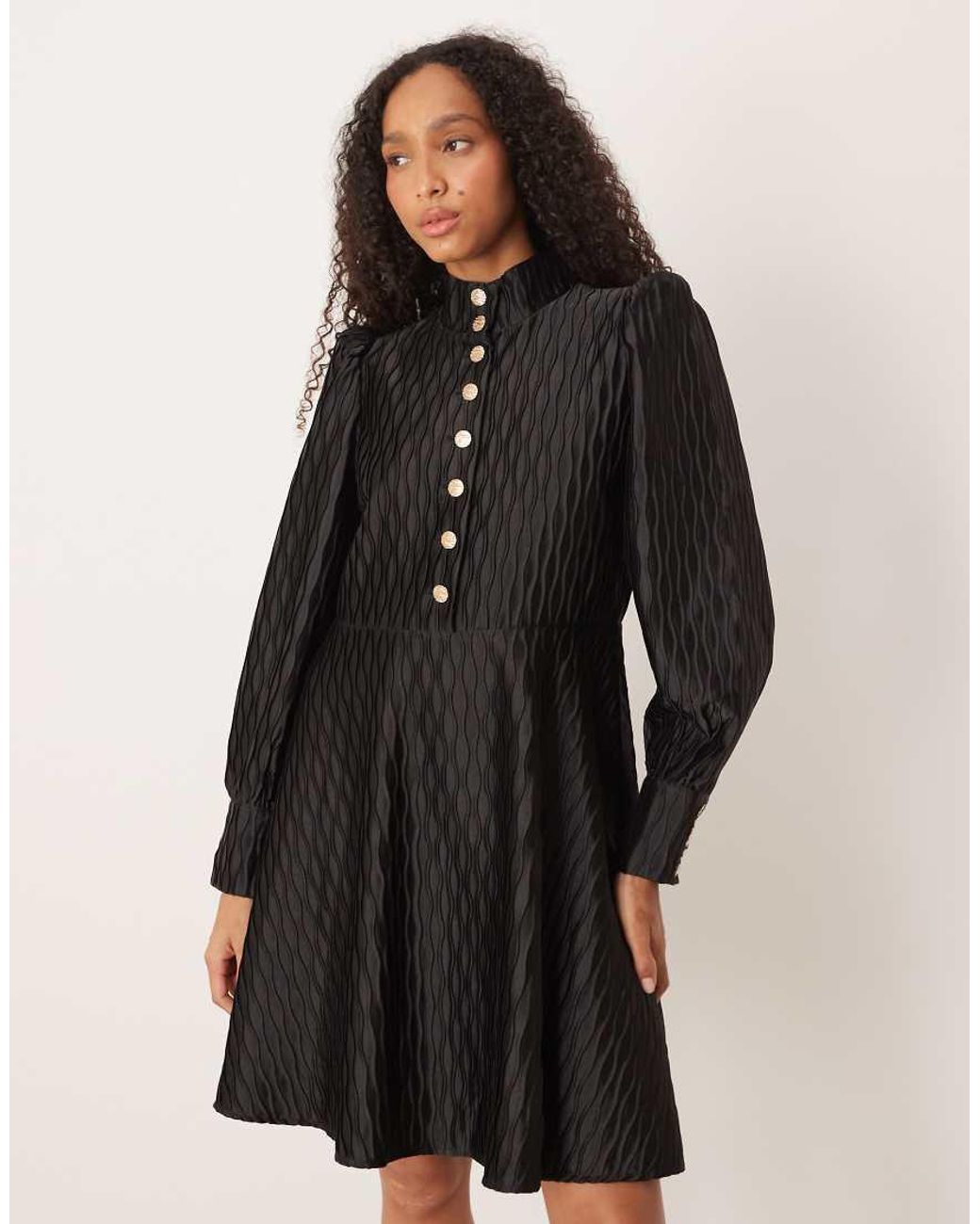 Y.A.S Black High Neck Satin Mini Dress With Button Front