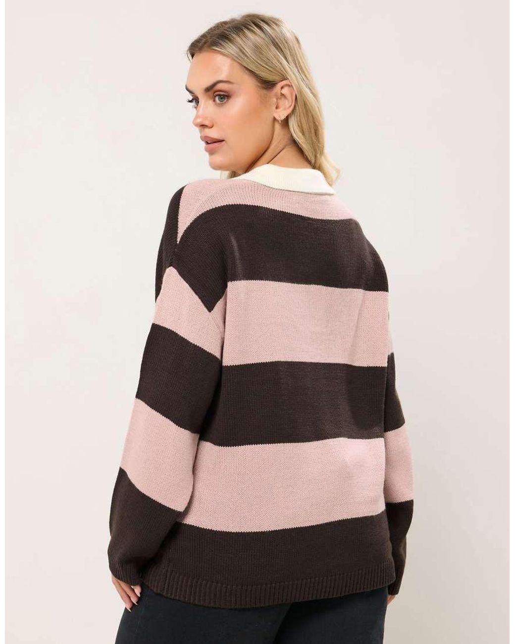 Yours Clothing Natural Striped Rugby Collar Jumper