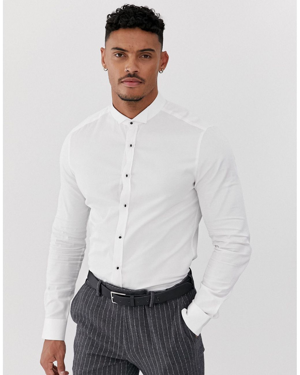 Camisa ajustada en blanco con cuello pajarita y botones ASOS de hombre de Blanco | Lyst