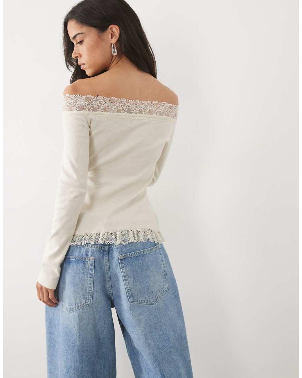 Miss Selfridge White Button Through Bardot Top With Lace Trim