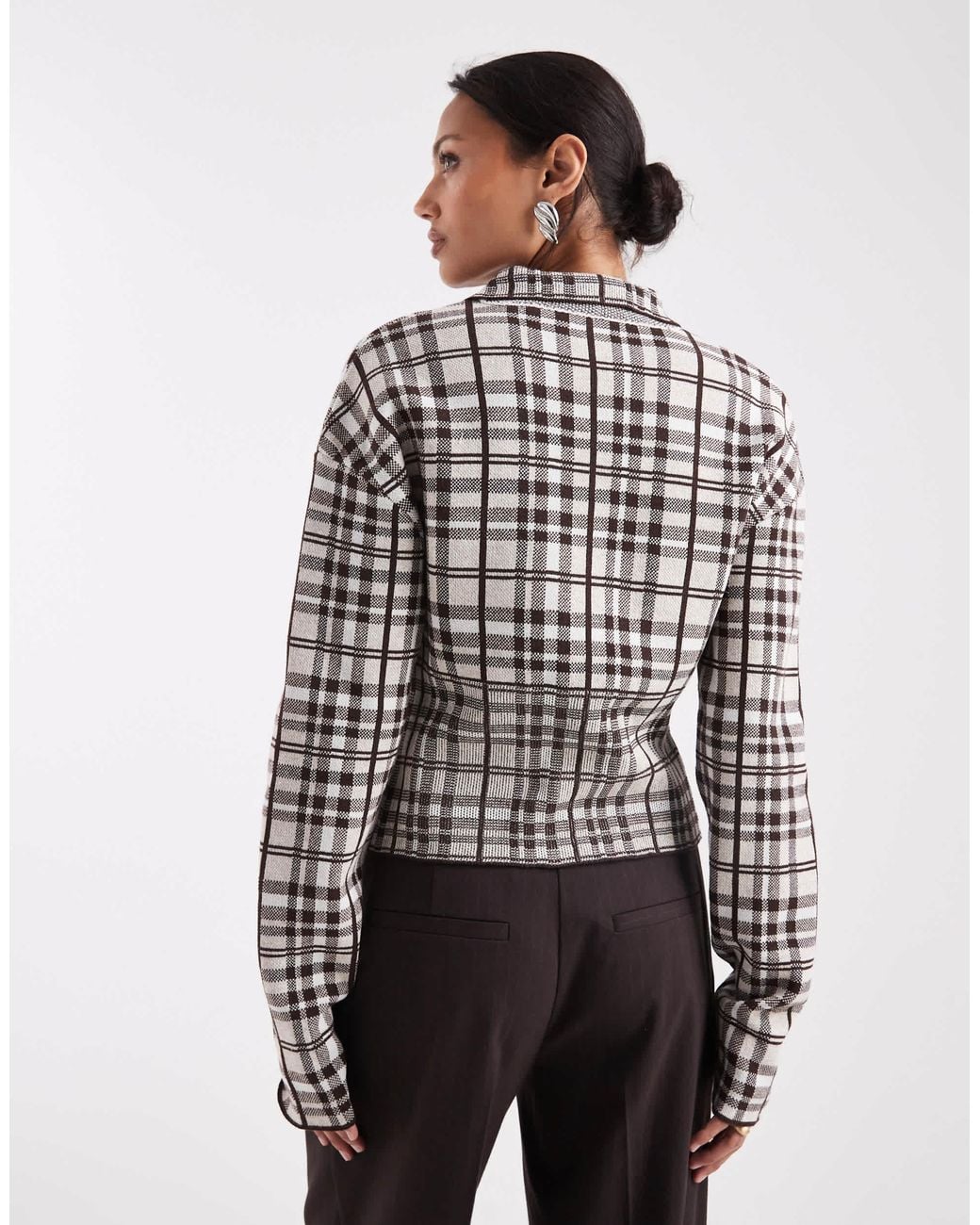 Collusion Gray Check Knitted Button Through Top