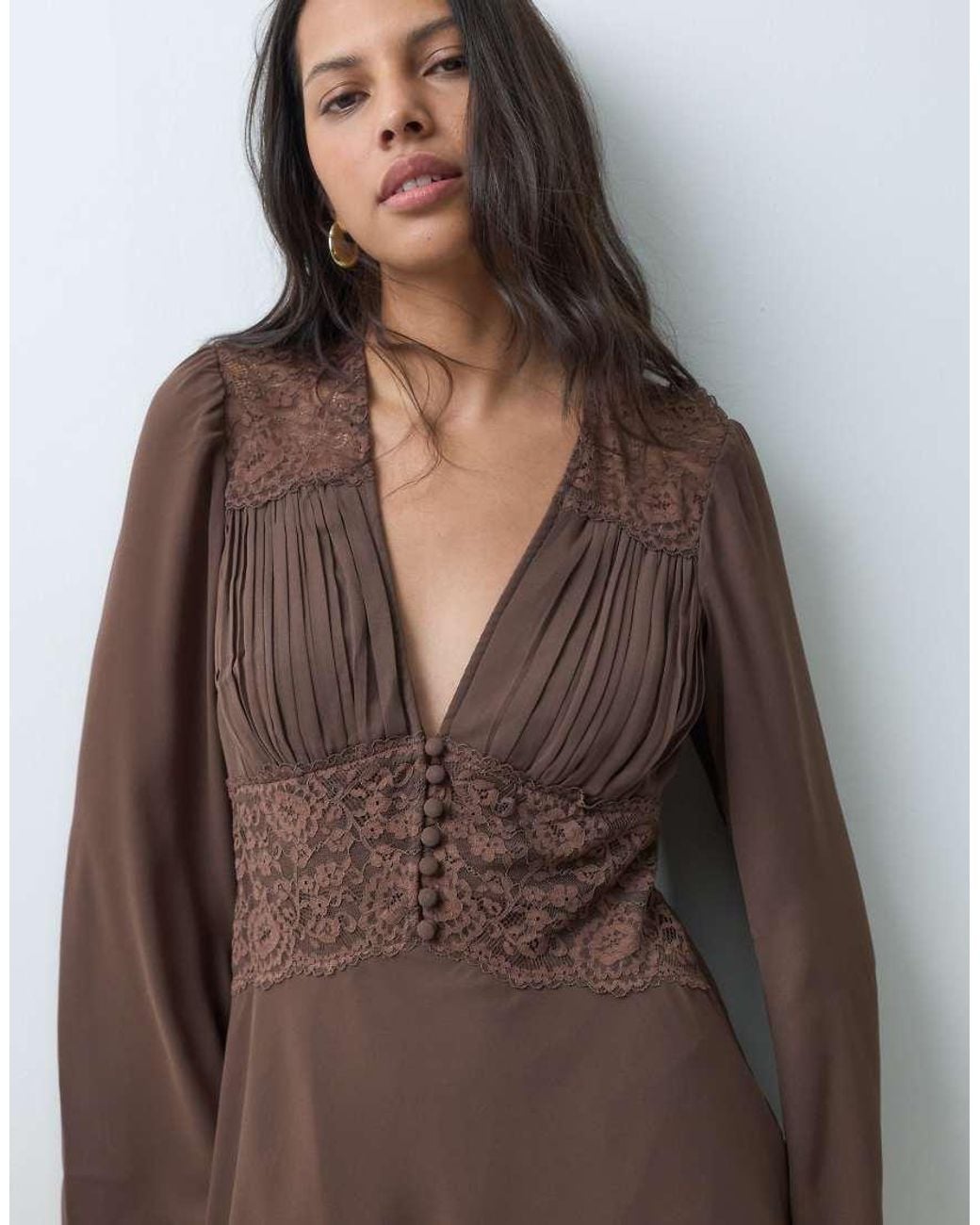 Abercrombie & Fitch Brown Long Sleeve V Neck Mini Dress With Lace Panel