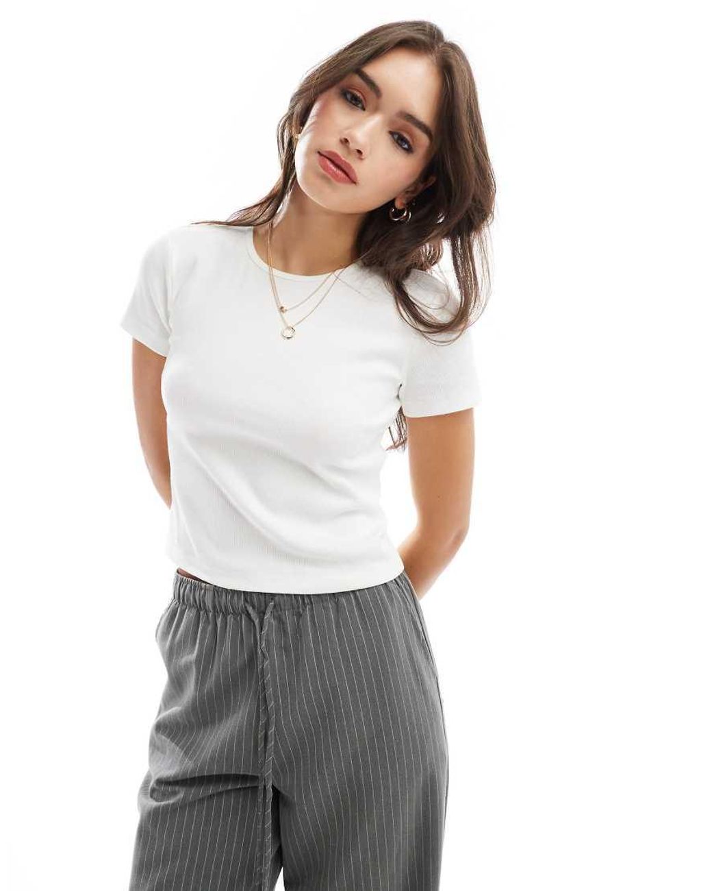 Vero Moda Gray Ribbed Round Neck T-Shirt