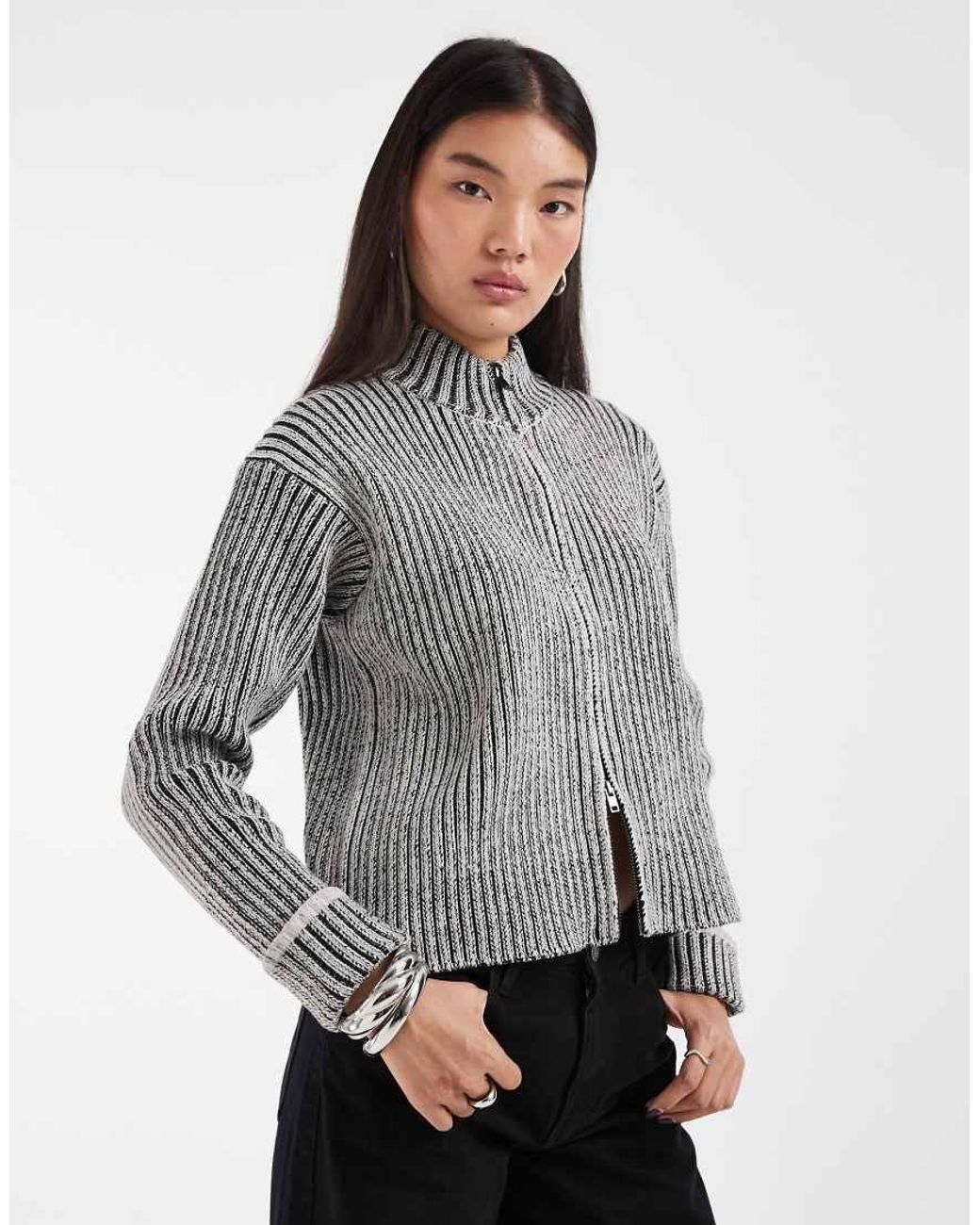Rains Gray 31020 Sapa Zip Through Funnel Neck Knitted Cardigan